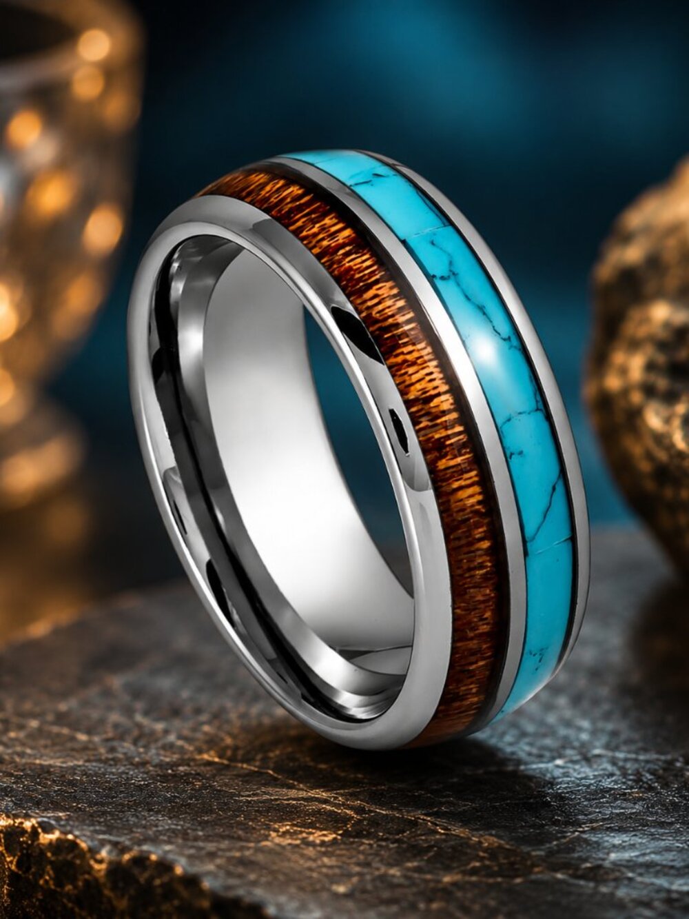 Silver Tungsten Ring with Turquoise & Wood Double Inlay - GALTUN1060-7.5